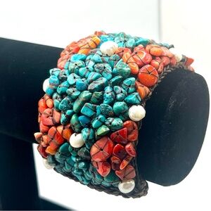 artisan gemstone cuff bracelet turquoise, coral and pearls . Branded SOMS TH